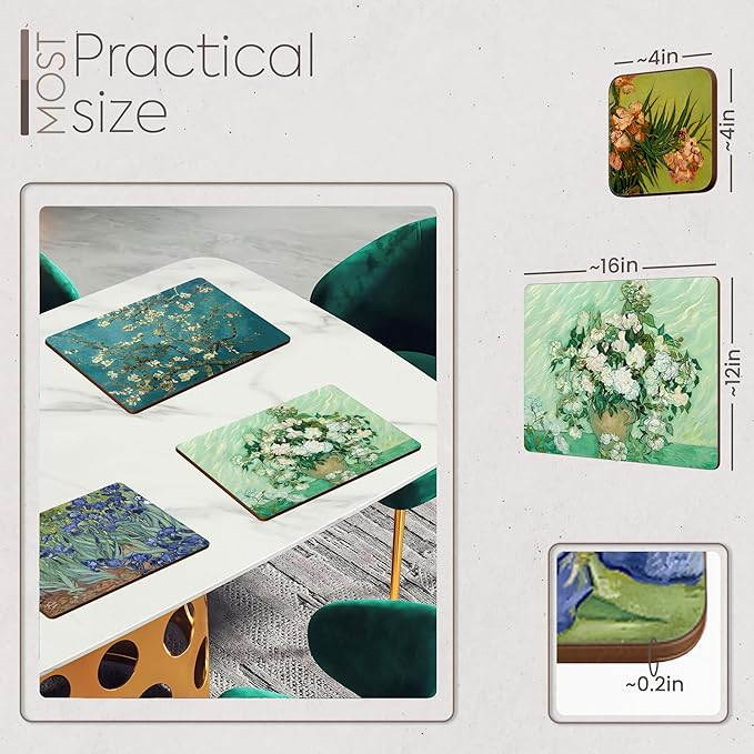 Moderry Set of 4 Heat Resistant Cork Placemats for Dining Table with Free Set of 4 Matching Drink Coasters Van Gogh Masterpieces Design 16 x 12 Inches Cork Backed Hard Placemats (Floral Van Gogh)
