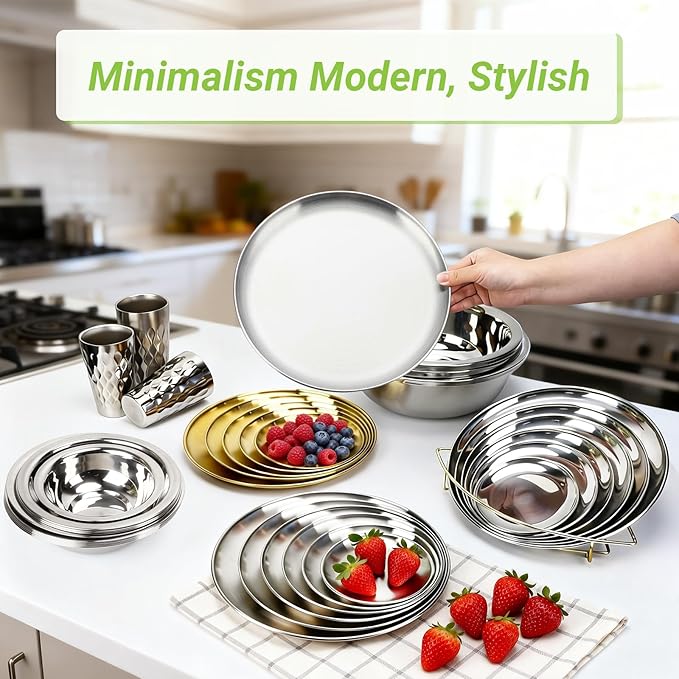 Stainless Steel Plates, 8 Pack 11.8 inch Large 201 Metal Food Serving Plate Set, Reusable Snack Eating Dishes Round Shatterproof Brushed Finish Dish Silver Dinner Lunch Oven Dishwasher Safe
