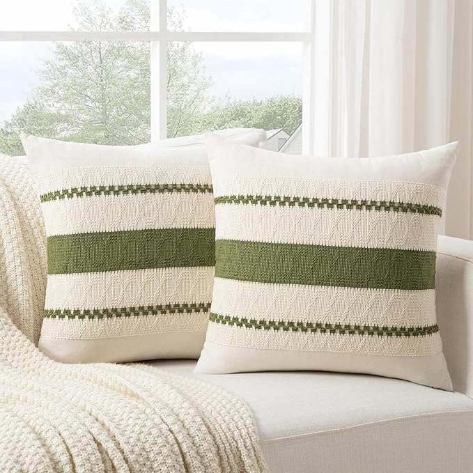 Fancy Homi Set of 2 Boho Moss Green Euro Decorative Throw Pillow Cover 26x26 Inch for Couch Bed Bedroom, Aesthetic Modern Organic Farmhouse Room Decor, Soft Cotton Accent Macrame Woven Cushion Case