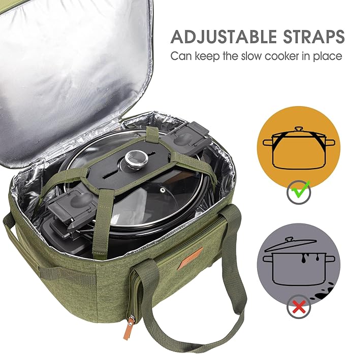FUN ELEMENTS Double Layer Slow Cooker Carrying Bag for 6-8 Quart Oval CrockPot, Insulated Travel Carrier with Support Pad and Adjustable Straps, Top Zip Compartment and Front Pocket for Utensils,Green
