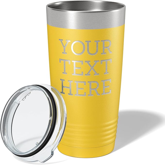 Personalized 20oz (17 Colors) Powder Coated Insulated Stainless Steel Tumbler with Lid, Custom Etched, Customized Text Message Name, Engraved Gift Idea Women Men Him Her, Your Text Here (Yellow)