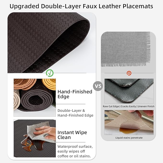 PROMATTOO Faux Leather Placemats Set of 6 – 17x12 Inch Vinyl Table Mats, Heat Resistant, Non Slip, Wipeable & Washable, Easy to Clean Dining Table Decor for Kitchen & Dining Room （Dark Brownish Black）