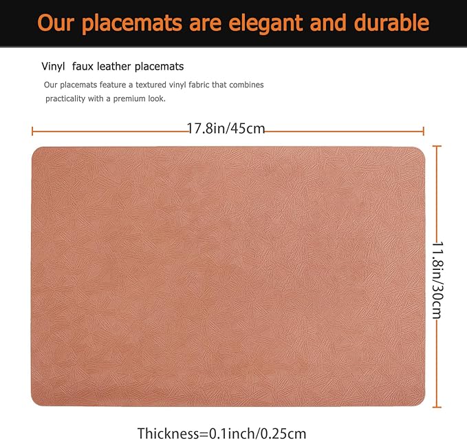 Uolr Vinyl Placemats Set of 8 Faux Leather 100% Waterproof Wipeable Washable Place Mats Heat Resistant Easy Clean Non-Slip Table Mats for Indoor Outdoor.(8, Coral)