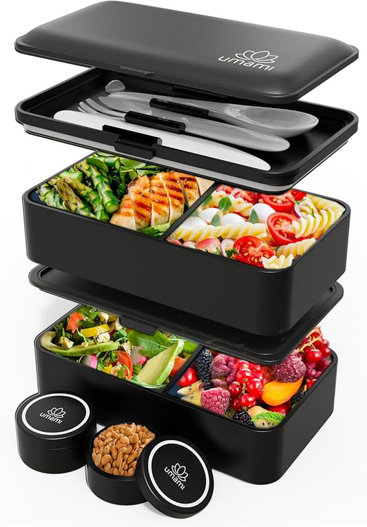 Umami Bento Box Adult All-In-1 w/4 Utensils, 2 Sauce Jar, 2 Dividers, 100% Leakproof, Microwave & Dishwasher Safe, Stackable Bento Lunch Box Containers for Men/Women, Matte Black, 40 oz