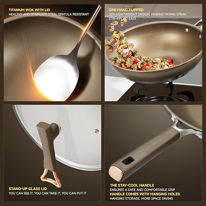 13 Inch Titanium Wok Pan with Lid, Non Stick Frying Pan, Woks & Stir-Fry Pans Nonstick, Flat Bottom Stainless Steel Wok, Titanium Pans Ideal for Induction Stovetop Cooking PFOA&PFAS Free