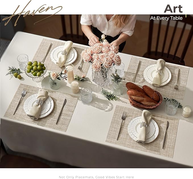 Leetaltree Luxury Beige and Gold Woven Placemats Set of 12 - Waterproof Washable Textured Table Mats for Wedding, Anniversary, Daily Use - Sparkling Metallic Thread Table Decor - Hand-Cut
