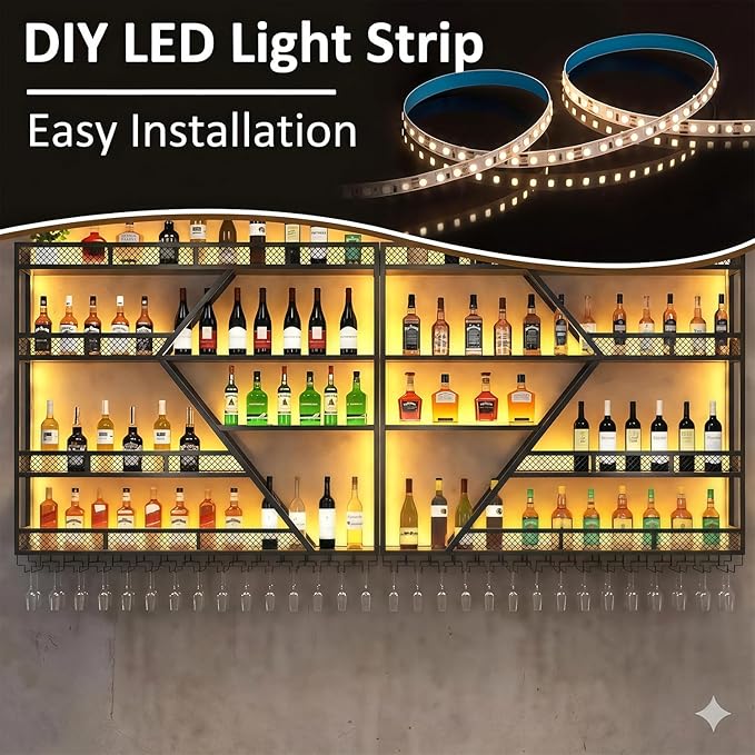 Liquor Bottles Bar Shelves Wall,Metal Bar Shelves Wall Mounted,Wall Mounted Wine Rack with LED Light with Glasses Holder, for Dining Room Home Cellar Industrial Iron Frame for Kitchen (Gold, 71in)