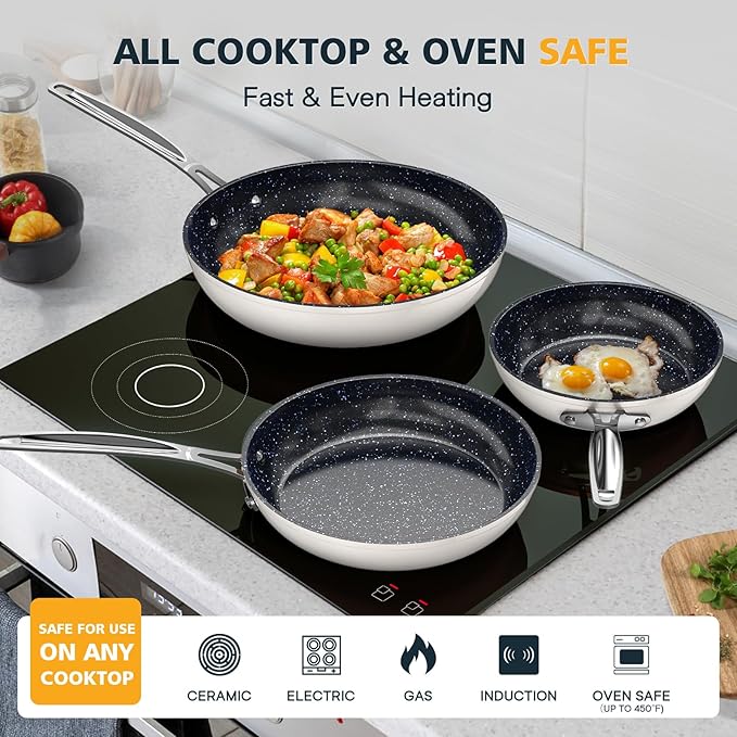 Nuwave 3-Piece 8?? 10?? 12??Forged Lightweight Frying Pan Set, G10 Healthy Duralon Blue Ceramic Ultra Non-Stick, Ergonomic Stay-Cool Handles, Induction-Ready & Works on All Cooktops