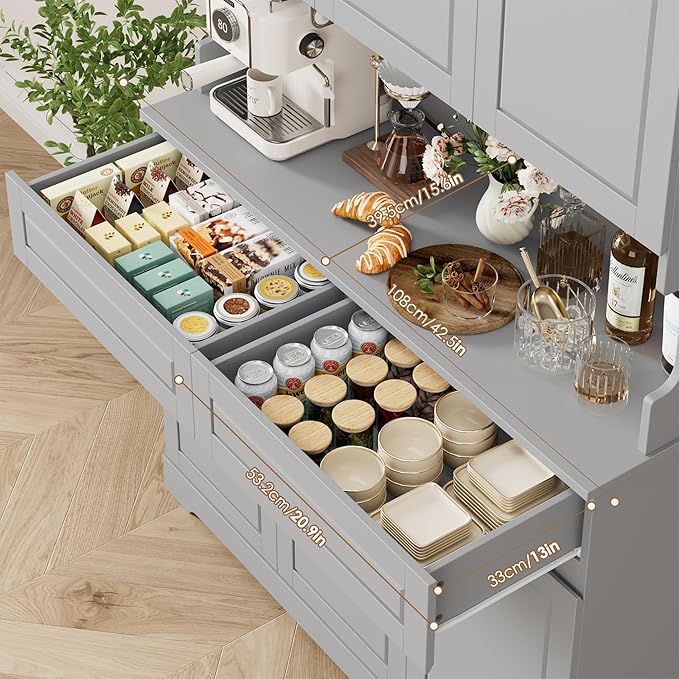 FACBOTALL 74" Pantry Cabinet, Tall Kitchen Pantry Cabinet with 6 Doors and 2 Drawers, Kitchen Hutch with Wide Countertop, Modern Kitchens Cupboard with Adjustable Shelves and Charge Holes, Grey