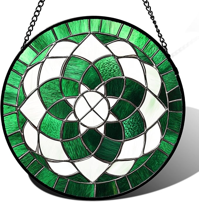 Stained Glass Window Hanging Abstract Green Flower Large 15" - Suncatcher Door Garden Sun Catcher Ireland Decor Birthday Mother's St. Ripack's Day Gift for Woman Mom Men Friend Nana Wife