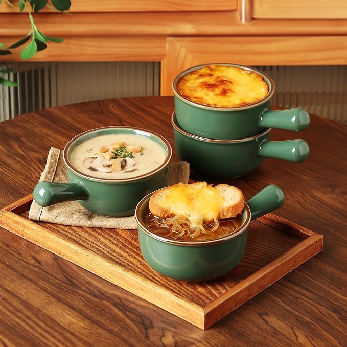MONITO 28 Oz French Onion Soup Bowls, Ceramic Soup Bowls with Handles, Stackable Soup Crocks, Oven/Microwave/Dishwasher Safe, for Cereal, Soups, Casseroles, Dark Green