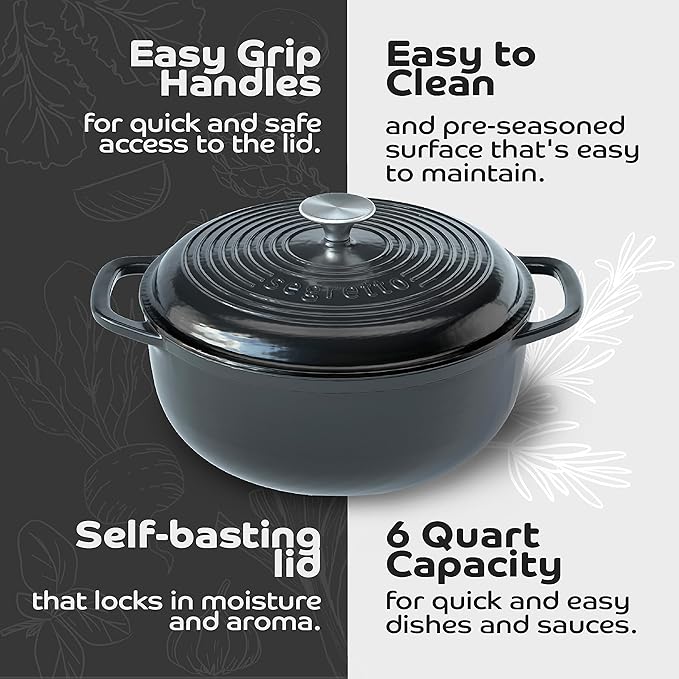 Segretto Cookware Enameled Cast Iron Dutch Oven, 6 Quarts, Black