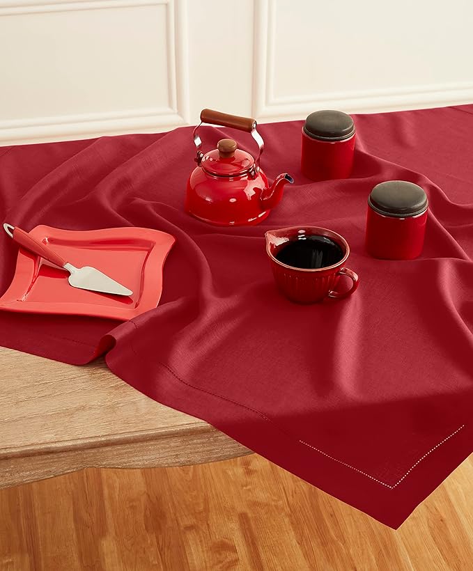 Solino Home Red Linen Tablecloth 52 x 52 Inch - 100% Pure Linen Square Table Throw - Classic Hemstitch, Machine Washable Table Cloth for Valentines
