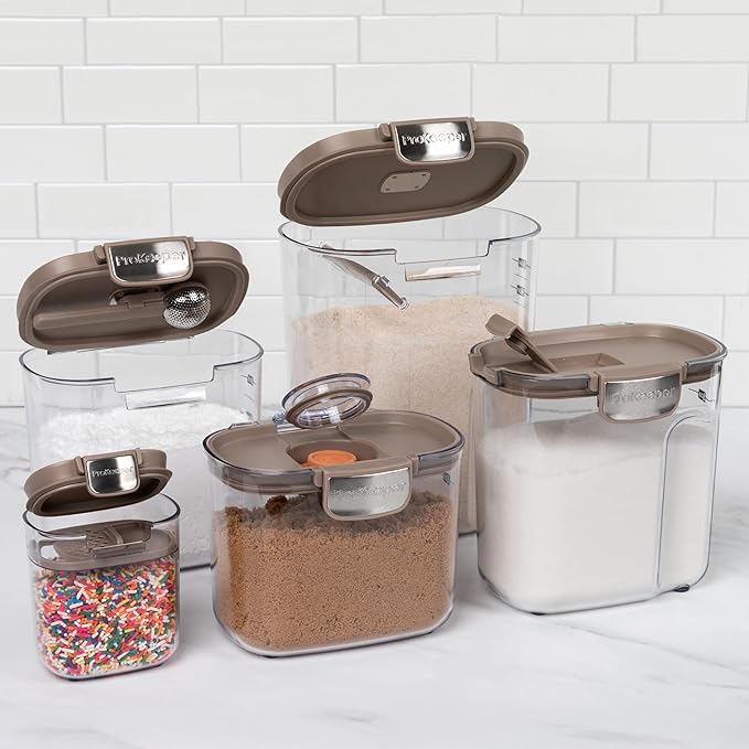 ProKeeper+ Airtight Food Storage Container Set ??Clear Plastic Flour and Sugar Canister Set with Magnetic Accessories for Kitchen Organization (Taupe, 9-Piece)