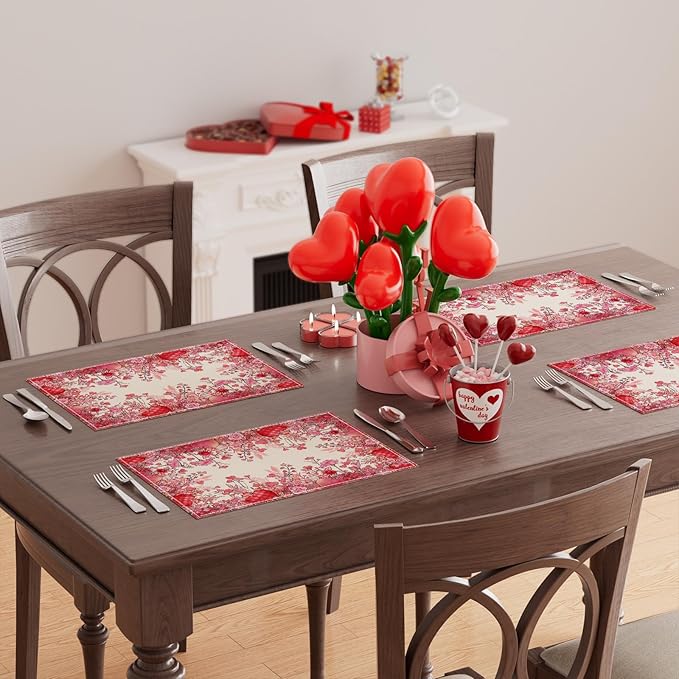 XCHI Wild Flowers Love Hearts Valentine?셲 Day Placemats Set of 4 Table Mats for Party Home Kitchen Dining Table Decorations 12x18 Inch