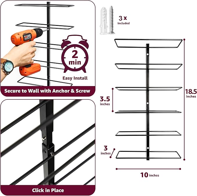 Sorbus Wall Mount Wine Rack ??Holds 6 Bottles ??Black Metal Wine Bottle Holder for Wall, Modern Wine Rack for Home Bar, Kitchen