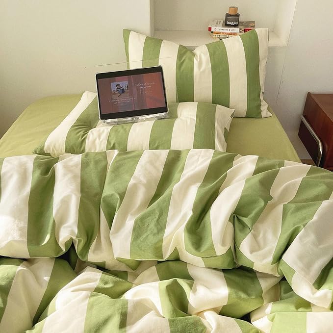 LifeTB Striped Comforter Set King Green White Stripes Pattern Printed Comforter Soft Fluffy Lightweight Bedding Set for All Seasons Reversible 3 Pieces Farmhouse Stripe Comforter with 2 Pillowcases