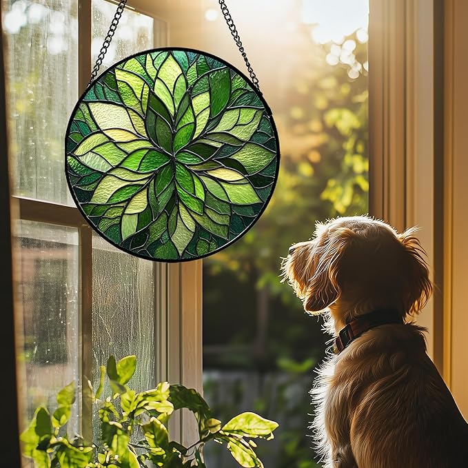 Stained Glass Window Hanging - Green Gradient Flowers Suncatcher for Doors Window Home Plant Sun Catchers Decor Christmas Mother's Day Birthday Gifts for Teacher Women Men Mom Nana 7.8 in