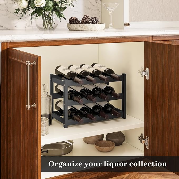 Wine Rack竊똁amboo Wine Storage Cabinet Shelf竊똂ountertop Wine Shelf- Freestanding Wine Holder for Kitchen & Pantry (Black, 3-Tier)