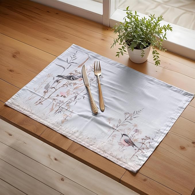 Maison d' Hermine Placemats Set of 4 100% Cotton Washable Cloth Place Mats, Reusable Table Mats for Kitchen Dining Decoration, Party, Restaurant Spring/Summer (Meadow Florals - Brown, 13" x 19")