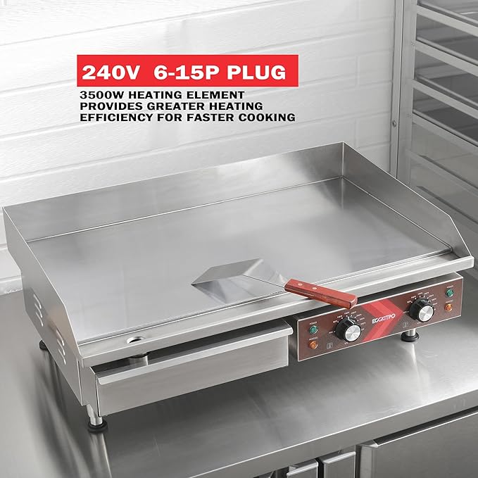 EGGKITPO Commercial Electric Griddle 29 Inch Large Countertop Griddle Non-Stick Flat Top Grill Stainless Steel Teppanyaki Griddle with Adjustable Temperature 90??575??for Restaurant Use 240V 3500W