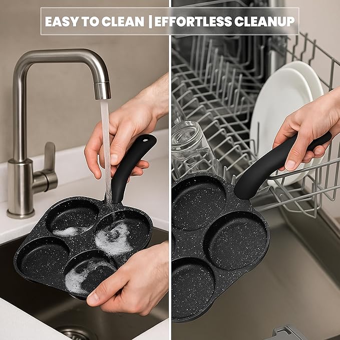 4-Hole Non-Stick Breakfast Frying Pan with Handle ??Aluminum Skillet for Eggs, Pancakes, Omelets & Burgers ??Compatible with Gas & Induction Stoves