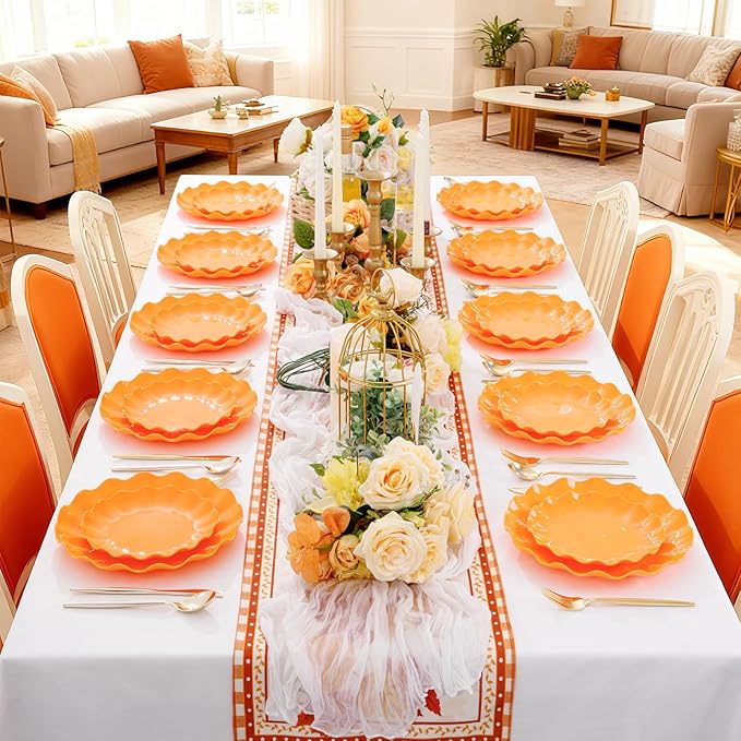 LIYH 50 Pcs Orange Scalloped Plastic Plates Heavy Duty Plates Reusable Unbreakable Plastic Plate for Party,Dishwasher Safe BPA Free (25Guests)