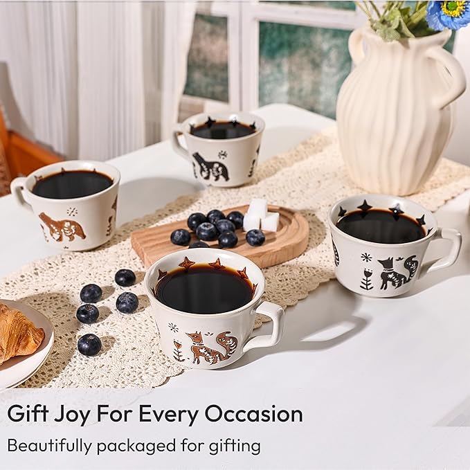Ceramic Coffee Mug, 12 oz Novelty Unique Teacup with Handle, Stoneware Cup for Tea Mocha Latte Cappuccino Espresso (Set of 4, Fox and Bear)