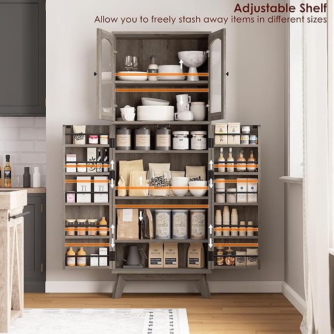 QUW 63.4" Kitchen Pantry Storage Cabinet, Tall Pantry with Glass Doors and Adjustable Shelves, Modern Freestanding Floor Cabinet Cupboard for Kitchen, Living Room, Dining Room, Grey