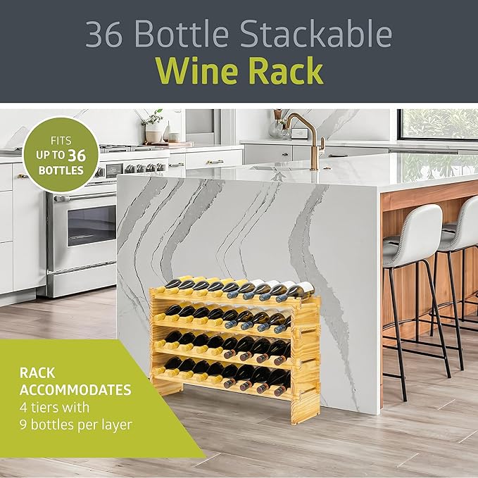 Pearington 36 Bottle Stackable Modular Wine Rack, 4-Tier Solid Pine Wine Bottle Holder, Free Standing Display Shelf, Wobble-Free Shelves for Kitchen, Bar, and Cellar, 10” x 33.5” x 21”