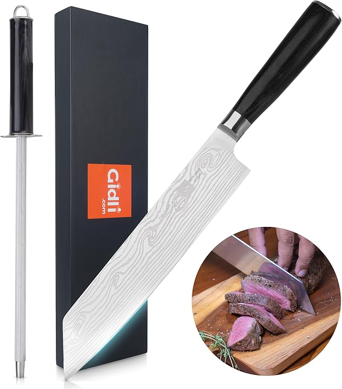 Gidli 8-Inch Chef Knife with Diamond Sharpener ??Sharp Kitchen Knife Made of German Carbon Stainless Steel with Ergonomic Wooden Handle for Slicing, Chopping&Dicing of Meat, Seafood -Gift Box Included