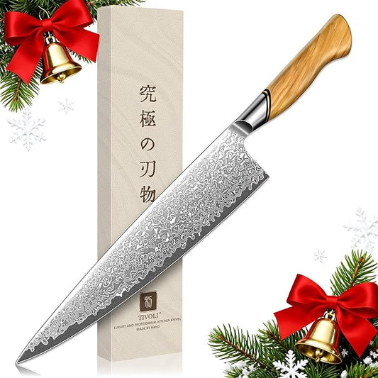 TIVOLI Japanese Gyuto Knife 10 Inch??VG-10 Damascus Chef Knife with Razor Sharp Blade and Ergonomic Olive Wood Handle, Ideal for Meat, Vegetables & Daily Cooking