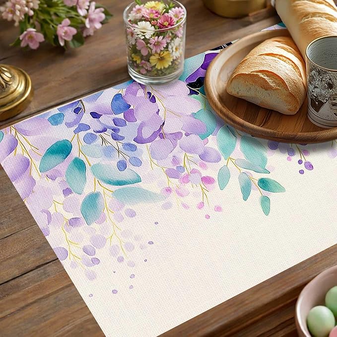 Jauageon Eucalyptus Leaves Placemat Set of 4 Spring Plants Placemats Purple Flowers Table Mats for Indoor Outdoor Home Party Kitchen Dining Decor Farmhouse Burlap Table Mats 12x18 Inch