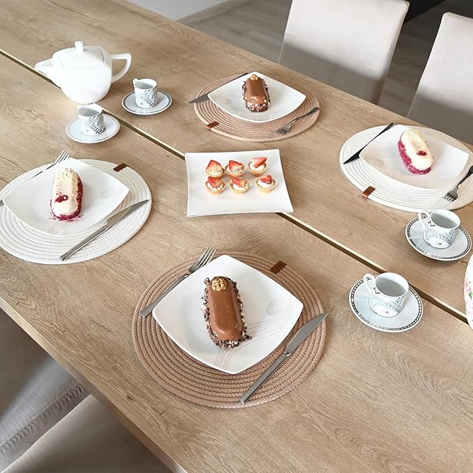 Round Placemats, Set of 4, Handmade by Braided Cotton Cord for Kitchen and Dining Table, Dia. 12.6 Inch, Doublesided, Heat Resistant, Off-White/Cappuccino