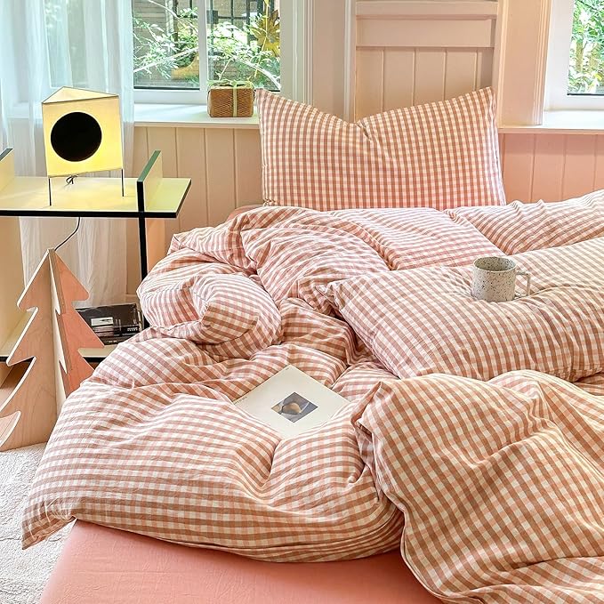 LifeTB Pink Gingham Comforter Set King Modern Style Pink Plaid Comforter Set Fluffy 3 Pieces Grid Checkered Pattern Boho Comforter with 2 Pillowcases Farmhouse Gingham Plaid Bedding Set King