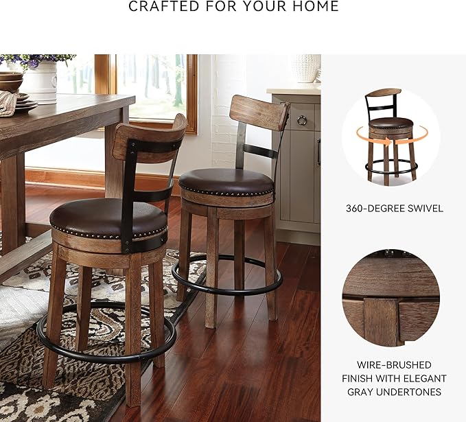 Signature Design by Ashley Pinnadel |24.25" Counter-Height Swivel Bar Stool ??Modern Farmhouse, Faux Leather, 360째 Swivel, Nailhead Trim, Rustic Light Brown