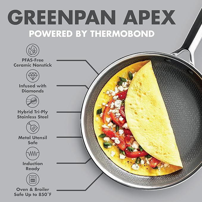 GreenPan Hybrid 13 Piece Nonstick Stainless Steel Cookware Set, APEX Tri-Ply Thermobond PFAS-Free Ceramic Pots & Pans, Induction & All Cooktop Compatible, Oven Temp to 850째F, Dishwasher Safe, Silver
