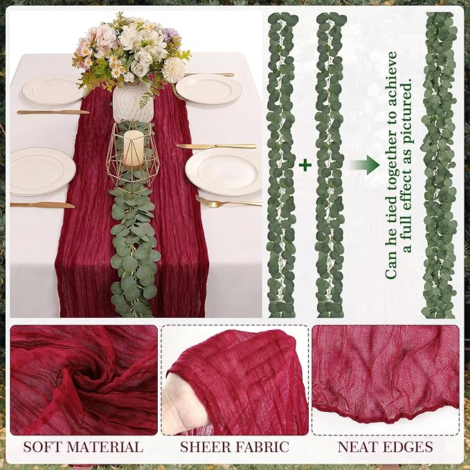 Gilprop 60 Pack Burgundy Table Runner Decor Set 10 ft Cheesecloth Table Runner & 7.9ft Artificial Eucalyptus Garland Boho Gauze Fabric Centerpiece for Wedding, Bridal Shower, Party Decorations
