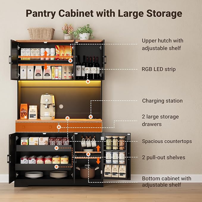 ELYKEN 71" Pantry Cabinet with Charging Station & LED Lights, Tall Kitchen Pantry with Hutch, Microwave Stand, Farmhouse Pantry with Door Shelf & Drawer & Adjustable Shelf for Dining Room, Black