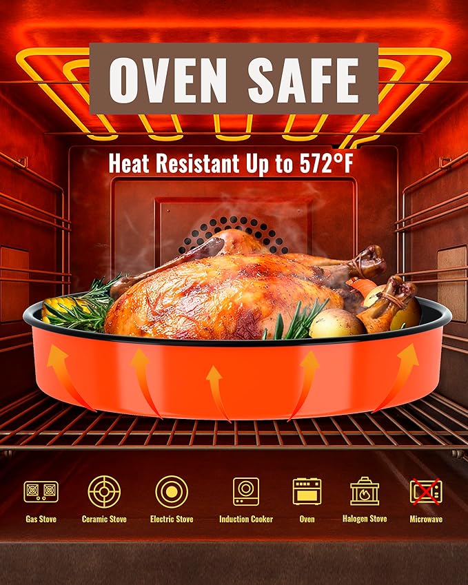 Round Roasting Pan Set Bakeware 4 Pack Baking Cake Pans Enamel Casserole Dish 9/10/12/14 Inch Non-Stick Chicken Roaster Oven Dishwasher Safe Mother's Christmas Gift Cookware (Orange)