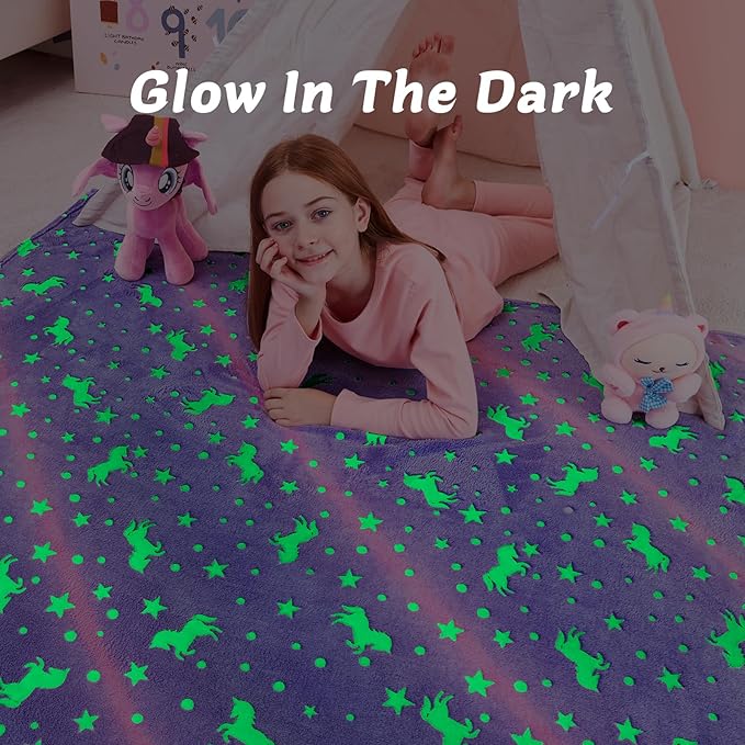 QSTEHEML Unicorns Glow in The Dark Blanket for Girls,Unicorn Gifts for Girls Age 3 4 5 6 7 8 9 10 11 12 Year Old, Soft Unicorns Purple Blanket - Christmas Birthday Bedroom Decor 50"횞60"