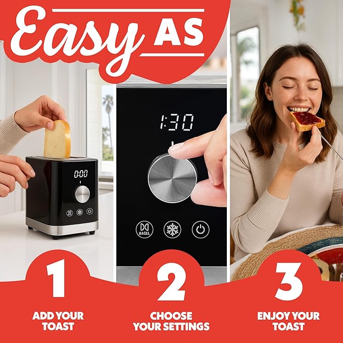 Gourmia 2 Slice Toaster ??6 Browning Levels with Bagel and Defrost Mode, One-Touch Toasting, Removable Crumb Tray, Extra Wide Slots, Compact Design, Black
