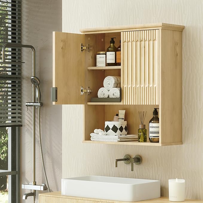 FLOWBACK Bathroom Wall Cabinet Over The Toilet Storage, 23.5횞31.4 Inch Wall Mounted Medicine Cabinet with Adjustable Shelf and Door, Natural Wood Storage Cabinet for Laundry Room, Bedroom Kitchen