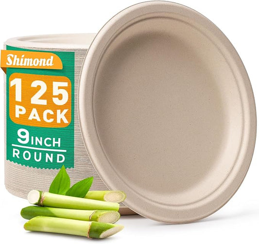 100% Compostable Plates 9 Inch 125 Pack, Heavy Duty Disposable Paper Plates Eco-Friendly Unbleached Biodegradable Sugarcane Bagasse Natural Dinner Plate