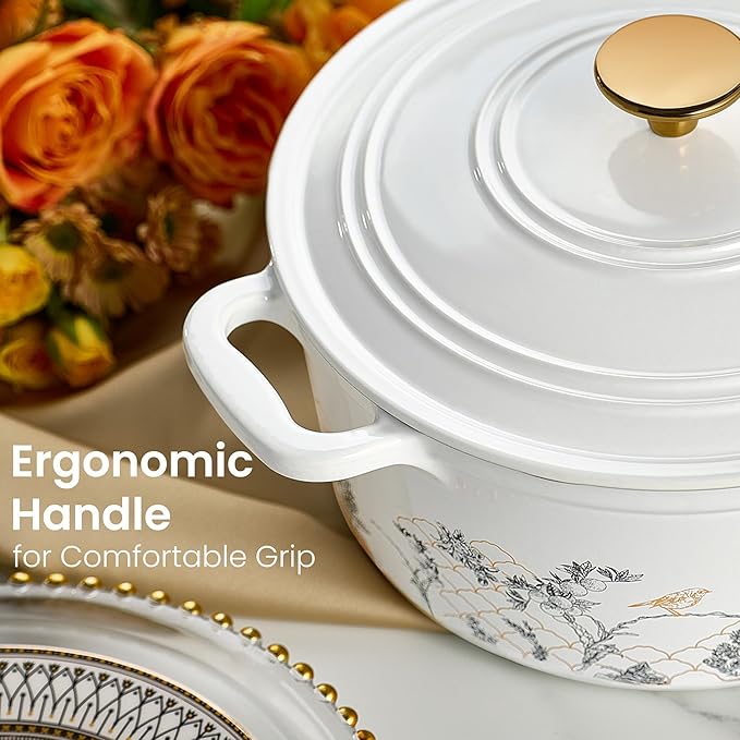 CAROTE 5QT Cast Iron Dutch Oven Pot with Lid, Enameled Floral Dutch Ovens with Gift Box, Cast Iron Pot for Sourdough Bread Baking, Braising, Stews, Roasting, Dual Handles, Healthy & Non-Toxic, All Stovetop Compatible, Oven Safe up to 500째 F, White