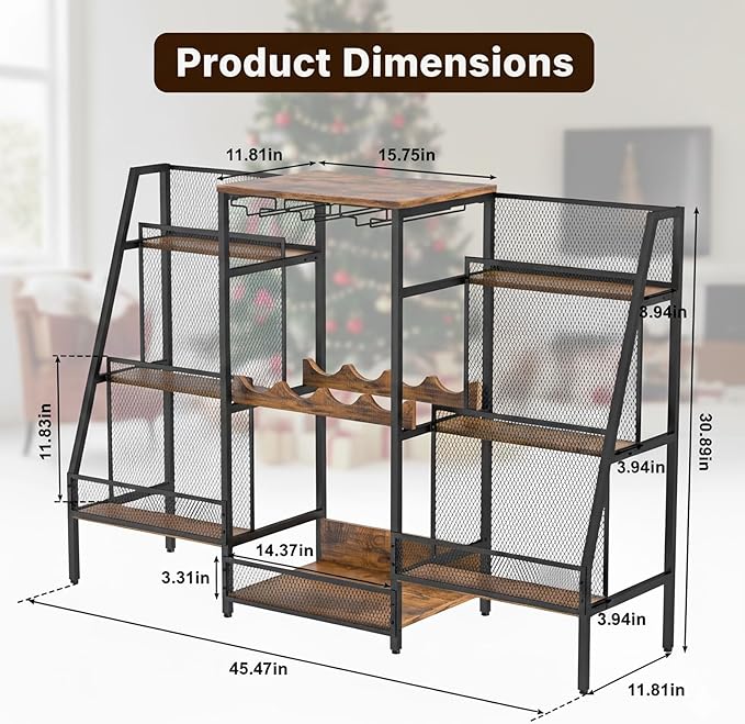 6-Tier (Safe Height for Kids & Pets) Freestanding Wine Rack with Glass Holders & Fences, Large Bar Cabinet for Home, Liquor Stand for Wine Bottles, Christmas & Holiday Party Wine Shelf