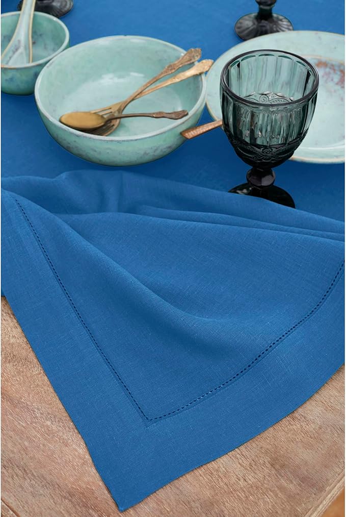 Solino Home Linen Indigo Blue Tablecloth 60 x 156 Inch - Classic Hemstitch, 100% Pure Linen Rectangular Tablecloth - Machine Washable Table Cloth for Winter, Spring, Easter
