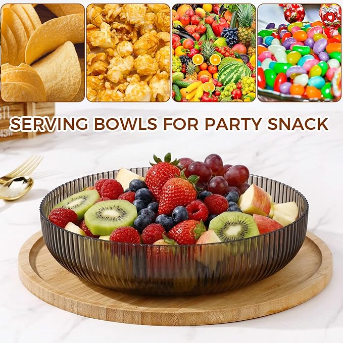 10 Pack 10 Inch Large Plastic Serving Bowls Salad Mixing Bowl Vertical Ribbed Pattern Buffet Party Serving Bowls for Vegetable Fruit Salad Candy Chip Popcorn Snack(Glacier Grey)