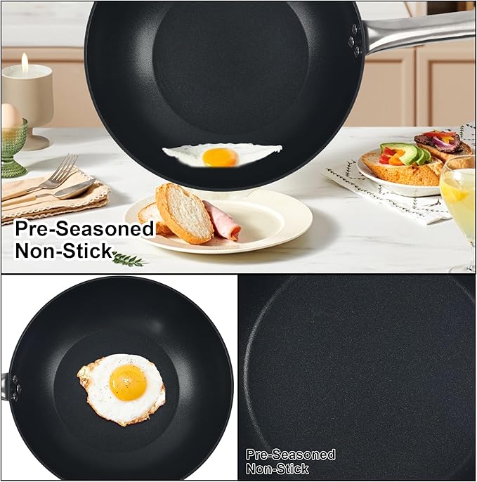 JAKE & JULIA 11" Non Stick Carbon Steel Wok Pan, with Stainless Steel Handle, Kitchen