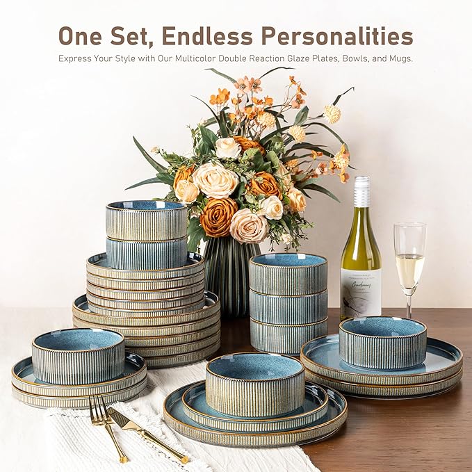 GBHOME Stoneware Dinnerware Sets for 6,Round Reactive Glaze Ceramic Plates and Bowls Set,Highly Scratch Resistant| Dishwasher & Microwave Safe Dishes Set,Service for 6(18pcs)